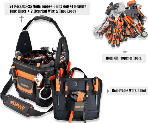 Open Top 24 Pocket Hard Base HVAC And Electrician Tool Bag With Rigid Bottom For Dry Tools 25 MOLLE Loops 6 Bit Slots 2 Wire Loops