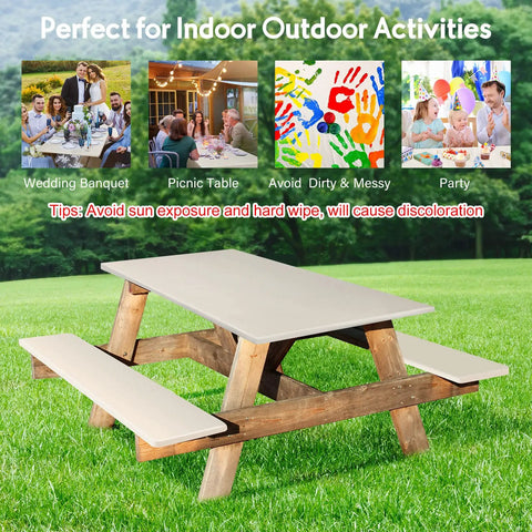 Three Piece Fitted Tablecloth And Bench Cover Set For 6 Foot Tables 30 By 72 Inch Vinyl With Elastic Edges installed on picnic table.