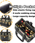 15 Inch Tote Tool Bag Organizer For Electricians And HVAC Pros With 33 Pockets Waterproof Molded Base Pro Grade Electrician Tool Tote Perfect For Field Technicians And Maintenance Pros, showing multiple pockets and straps.