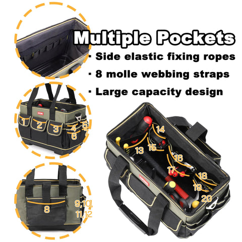 15 Inch Tote Tool Bag Organizer For Electricians And HVAC Pros With 33 Pockets Waterproof Molded Base Pro Grade Electrician Tool Tote Perfect For Field Technicians And Maintenance Pros, showing multiple pockets and straps.