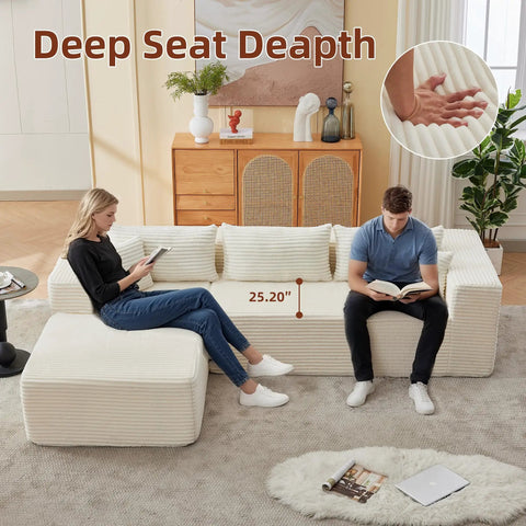 No Fuss 107 Inch Modular Sofa Set Of 2 With Left Facing Chaise, White Corduroy Fabric, No Assembly Required in a living room setup.
