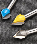 Drop Dead Durable Tungsten Carbide V Groove Router Bit Set For CNC Woodworking Features three v milling cutters with sharp tips.