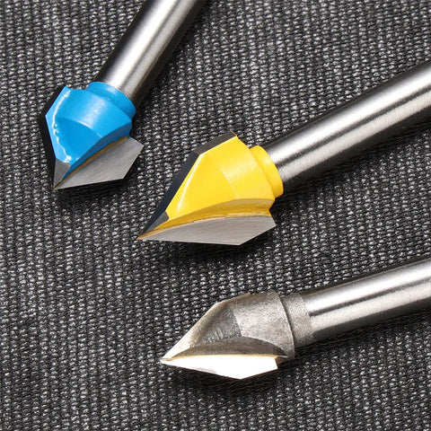 Drop Dead Durable Tungsten Carbide V Groove Router Bit Set For CNC Woodworking Features three v milling cutters with sharp tips.
