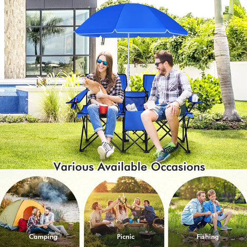 Couple using Grab And Go Double Portable Picnic Chair With Detachable Umbrella Built In Cooler Bag And Cup Holders outdoors