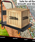 Eight Inch Heavy Duty Caster Wheels Set Of Four Featuring Never Flat Solid Rubber Tires With Knobby Treads on a cart carrying wooden box.