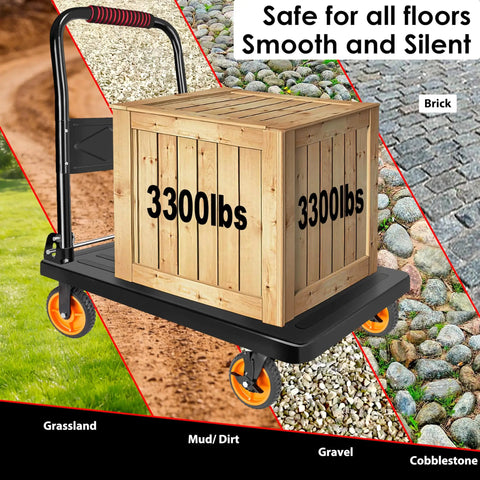 Eight Inch Heavy Duty Caster Wheels Set Of Four Featuring Never Flat Solid Rubber Tires With Knobby Treads on a cart carrying wooden box.
