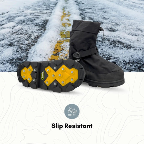 Rock Solid Ice Grip Winter Hiking Boots With 32 Replaceable Aluminum Studs And Sturdy Heel Spikes For Nasty Trail Traction Cold Weather Workhorse Footwear, showing sole with yellow studs on snowy surface.