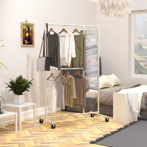 Bedroom scene with Must Have Double Sided Hanging Closet Organizer With 24 Pockets For Bras And Underwear visible on wardrobe