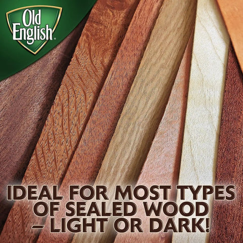 Old English logo on various wood samples; Lemon Wood Oil For Easy Clean And Protection Plus Shine On Wood Surfaces Guards Against Everyday Stains Like Fingerprints Mustard Ketchup Wax Crayons 16 Fl Oz Bottle