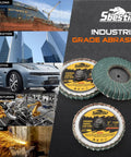 12Pcs Pro Grade Heavy Duty Mixed Curved Flap Discs Set, displayed with industrial use examples like shipbuilding and automotive.