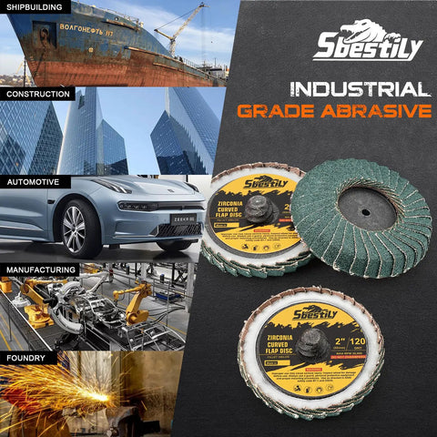 12Pcs Pro Grade Heavy Duty Mixed Curved Flap Discs Set, displayed with industrial use examples like shipbuilding and automotive.