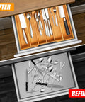 Sleek Expandable Bamboo Drawer Organizer For Kitchen Flatware Holder With Hassle Free Adjustable Compartments displaying organized utensils in a kitchen drawer.