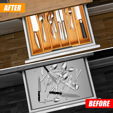 Sleek Expandable Bamboo Drawer Organizer For Kitchen Flatware Holder With Hassle Free Adjustable Compartments displaying organized utensils in a kitchen drawer.