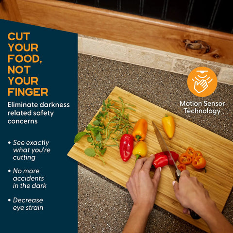 Person cutting peppers on a chopping board illuminated by Under Cabinet LED Light Kit For Kitchen With 6 Light Strips.