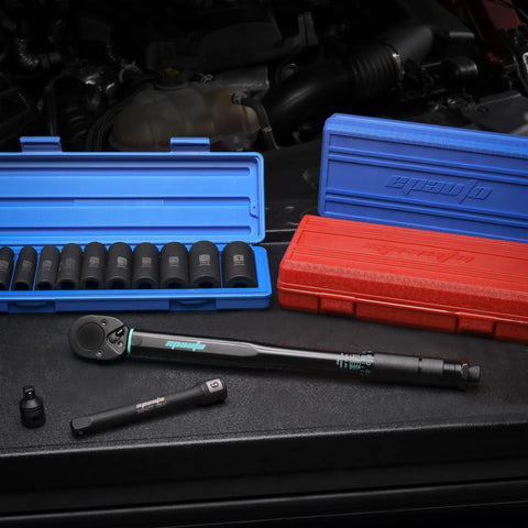1/2 Inch Drive Click Torque Wrench That Delivers 10-150 Ft-Lb Range And 13.6-203.5 Nm, Pre-Calibrated, Dual Scale next to socket sets