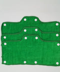 Green Velvet Terry Sweatband For Hard Hats, Washable Snap On Liner, 3 Pack shown in stacked view with 8-snap fasteners.