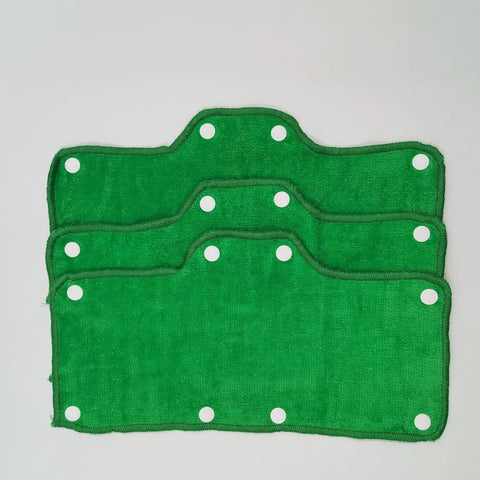 Green Velvet Terry Sweatband For Hard Hats, Washable Snap On Liner, 3 Pack shown in stacked view with 8-snap fasteners.
