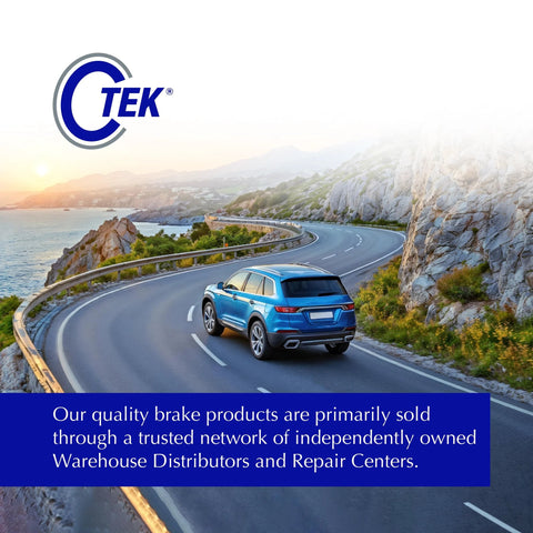Centric C-Tek rear brake rotor product banner; blue SUV seen from rear-right on a winding coastal highway.