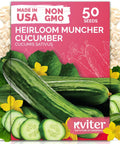 Packet of 50 heirloom Muncher burpless seedless cucumber seeds with green cucumbers and flowers, labeled non-GMO and made in USA.
