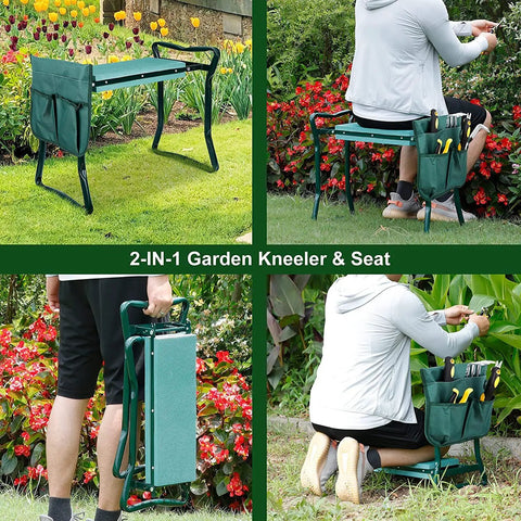 Garden Kneeler Bench With Well Cushioned Pad And Steel Frame All In One Portable Kneeling Pad With Tool Pouches Multi Purpose Garden Stool