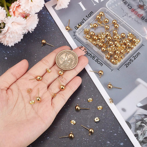 24K Gold Plated Stainless Steel Ball Stud Earring Findings 50 Pcs With Loops 6mm Posts For DIY Jewelry Making Bling Wedding Valentines Day Crafts 6mm gold studs in storage box