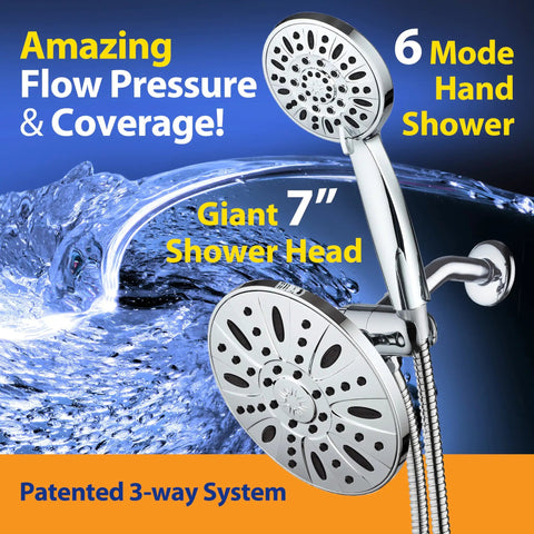 7 Inch Premium High Pressure Rainfall Shower Head And 6 Setting Handheld Combo with 3 Way Diverter Chrome Finish