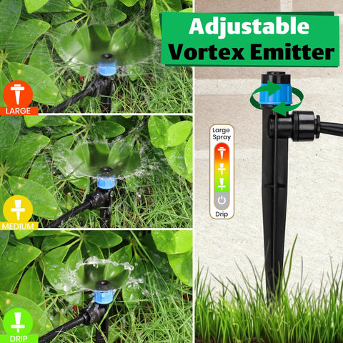60 Pack Quick Connect Drip Irrigation Emitters Fan Shape showing adjustable spray levels for one quarter inch tubing.