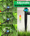 30-Piece Quick Connect Drip Emitter Set With Fan-Shaped Design spraying water in garden, adjustable emitters and sturdy stake visible.