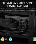 Close-up of RM1000x Shift 2025 Fully Modular ATX Power Supply with side interface and native 12V 2x6 GPU cable connection.