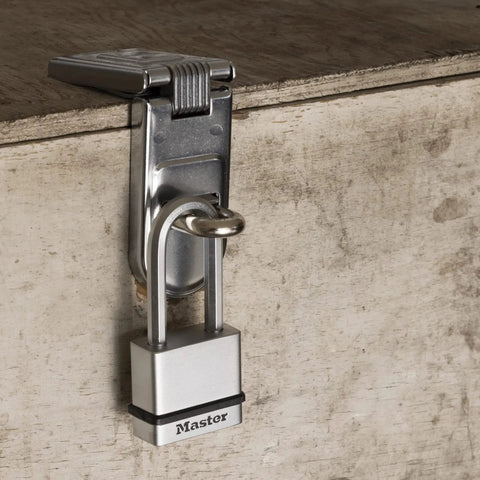 Beefy Heavy Duty Padlock Set Keyed Alike 2 Pack securing outdoor storage with octagonal boron carbide shackle