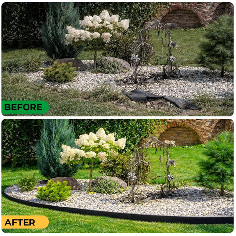 Before and after using No Dig Landscape Edging Border Kit 1.5 Inch Tall 20 Foot Heavy Duty Garden Edge With 25 U Shaped Stakes