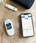 Verio Blood Glucose Test Strips For Daily Sugar Checks, Fast Five Second Readings With Tiny Blood Drop Needed, shown with glucose meter and smartphone app on a table.