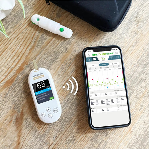 Verio Blood Glucose Test Strips For Daily Sugar Checks, Fast Five Second Readings With Tiny Blood Drop Needed, shown with glucose meter and smartphone app on a table.