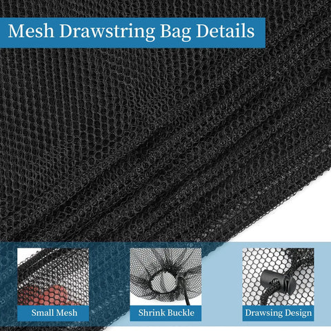 Close-up of black mesh fabric details of Six Pack Mesh Drawstring Bags 14 By 17 Inches With Locking Drawstrings for multipurpose use.