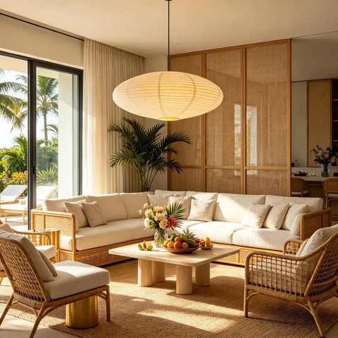 20 Inch Oval Paper Lantern Pendant Light White Rice Paper Ceiling Lamp Japanese Style diffused glow in a stylish living room.
