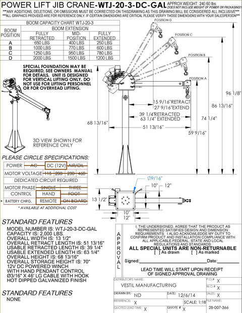 Heavy Duty Dc Powered Jib Crane With Telescoping Boom 360 Swivel Galvanized Steel Frame specifications diagram.