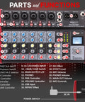 Overview of the 8 Channel Wireless DJ Mixer With Bluetooth and USB Audio Interface, showcasing controls and inputs, PMX848BT model.