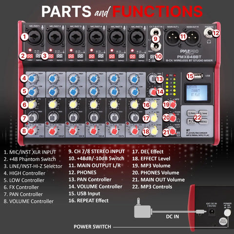 Overview of the 8 Channel Wireless DJ Mixer With Bluetooth and USB Audio Interface, showcasing controls and inputs, PMX848BT model.