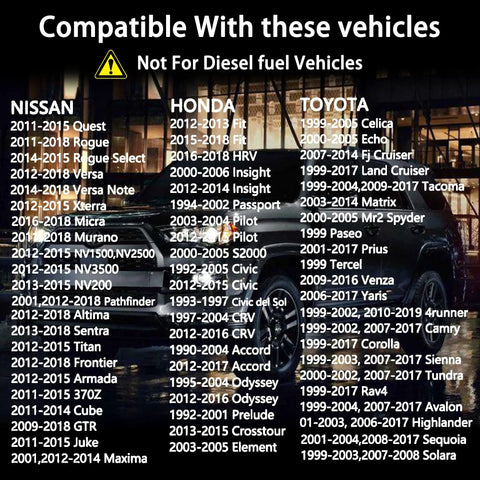 Vehicle compatibility chart for various Nissan, Honda, and Toyota models from 1999 to 2021, not for diesel vehicles.