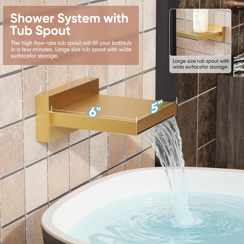 Slick Brushed Gold Shower System Featuring Wall Mounted Rainfall Head And Adjustable Body Spray Jets, Includes Durable Tub Spout, Hassle Free Plumbing Setup, Premium Fixtures For Your Bathroom Glow Up
