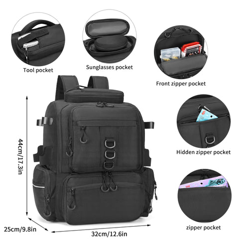 45L Insulated Tackle Backpack For Fishing Gear with tool, sunglasses, and zipper pockets, cold compartment, and tackle storage.