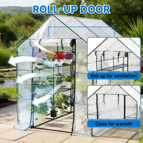 Walk In Outdoor Greenhouse With 56 By 85 Inch Footprint And 77 Inch Height, Portable Garden House With Three Tiers And Twenty Shelves For Plants, Veggies, Flowers, Patio Or Backyard Use White Finish