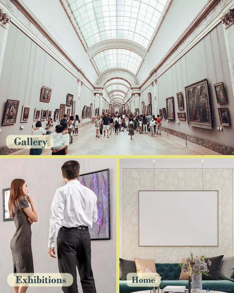 Picture Rail Hanging Kit With Six White Rail Hooks And A 72 Inch Invisible Cord used in gallery, exhibitions, and home settings