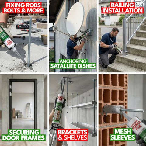 Fast Curing Construction Adhesive For Concrete, Brick, Stone And Granite With Extra Nozzle Included For Anchoring Heavy Duty Fasteners In Gray Structural Bonding 10.1 Fl Oz, 300 Ml used for various installations including satellite dishes, railings, and mesh sleeves.