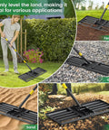 Heavy Duty Lawn Leveling Rake With 30 By 10 Inch Plate used on soil, gravel, sand, and fertilizer in landscaping.