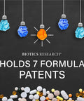 Biotics Research holds 7 formula patents with colorful paper light bulbs and various supplements at the bottom.