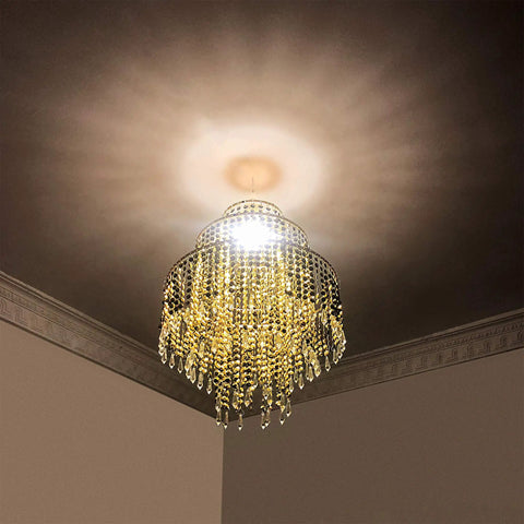 Acrylic Chandelier Shade With Crystal Beads And Gold Frame Dope Three-Tier Beaded Pendant Lampshade, 12.6 Inch Diameter, on ceiling