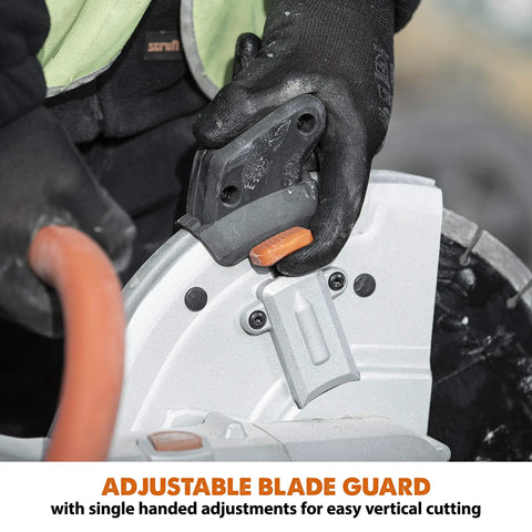 Close-up of Electric 12 Inch Concrete Saw With 4.5 Inch Cutting Depth And 15 Amp Motor No Gas Demolition Tool showing blade guard adjustment.