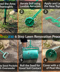 6-step lawn renovation process with tools for weeding, aerating, topsoil application, overseeding, rolling, and peat moss covering.