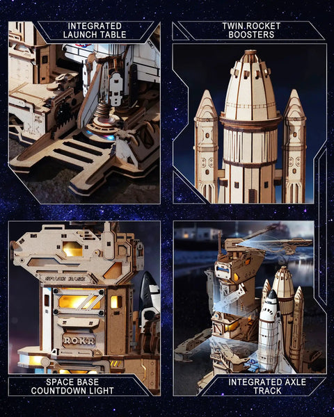 Space Shuttle 3D Puzzle For Adults With Lighting, wooden model showing integrated launch table, boosters, countdown light, axle track